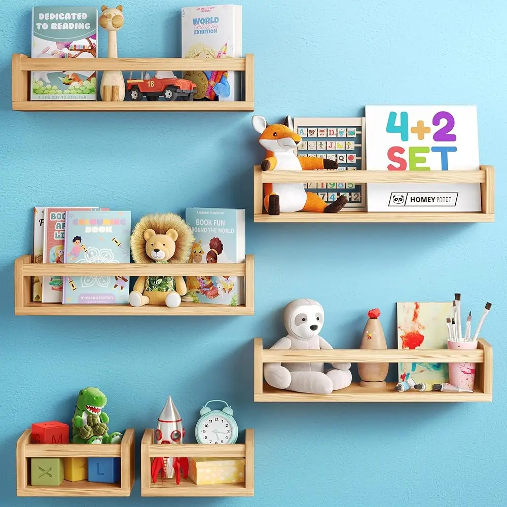 

Floating Nursery Book Shelves For Wall Set Of 4+2, Wall Bookshelf For Kids Room, Toys & Books Display, Nursery Decor Storage,