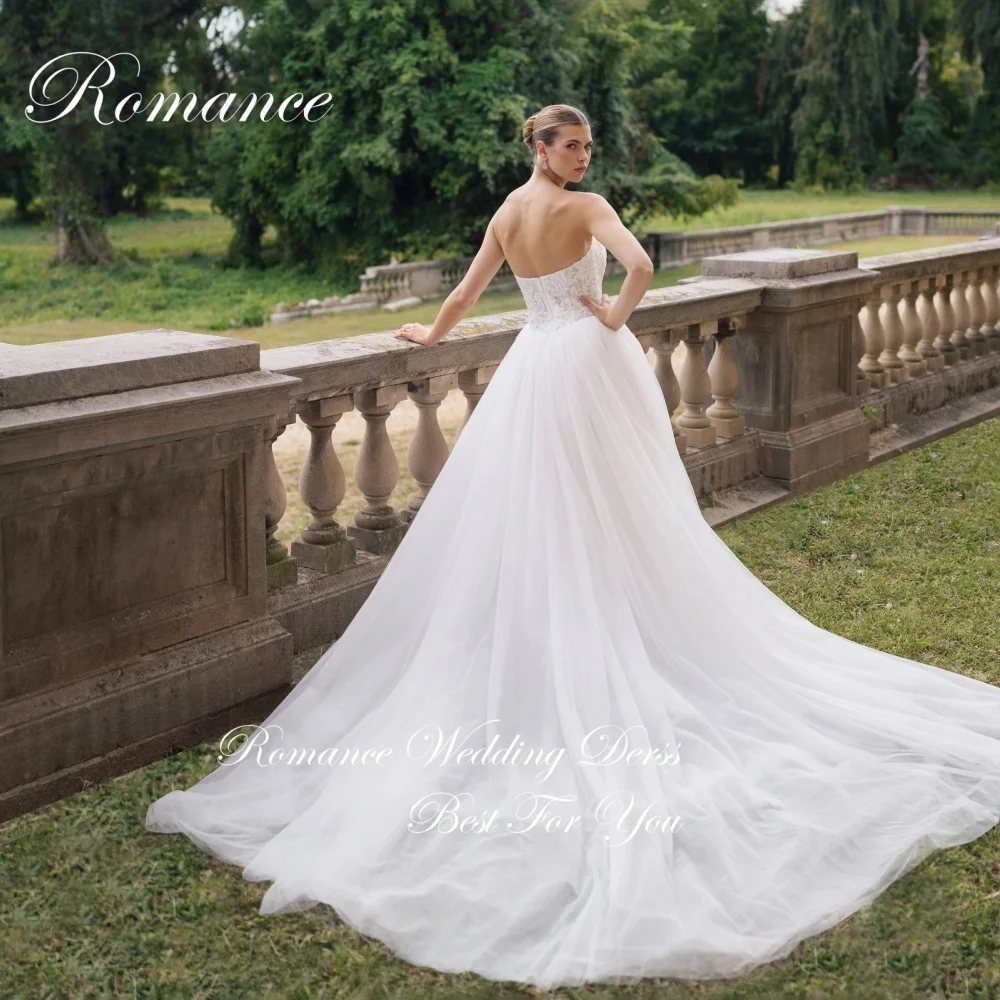 Apliques modernos sem alças a linha vestidos de casamento feminino 2025 renda aberta volta sem mangas plissado tule vestidos de novia personalizado