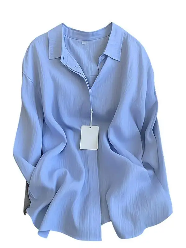 Blue Linen Loose Casual Women's Shirt Spring New Style Slimming Sun Protection Korean Style Commute Regular Sleeve Long Shirt 5