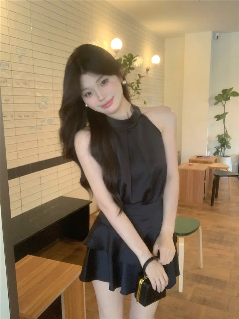 الصلبة الساتان قطعتين تنورة مجموعات المرأة الزي الرسن أكمام تانك الأعلى عالية الخصر متعددة الكشكشة كعكة التنانير الصغيرة #4