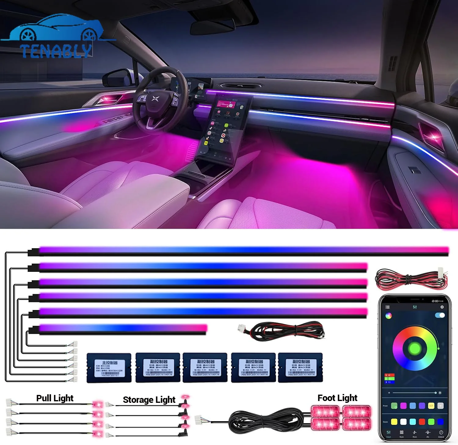 

18/14/10 шт. акриловые внутренние светодиодные фонари автомобиля, полосы RGB, красочный автомобильный комплект окружающего освещения, неоновая атмосферная лампа, синхронизация музыки, управление через приложение