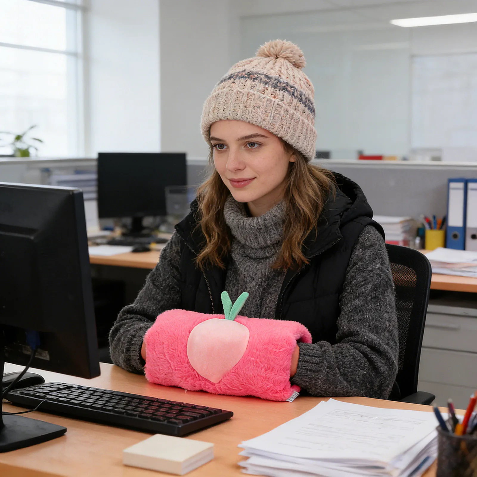 

Подушка-грелка для рук с узором «Кролик и персики», зимняя грелка-муфта, мягкая теплая подушка для женщин и девушек, для дома и офиса, подарок