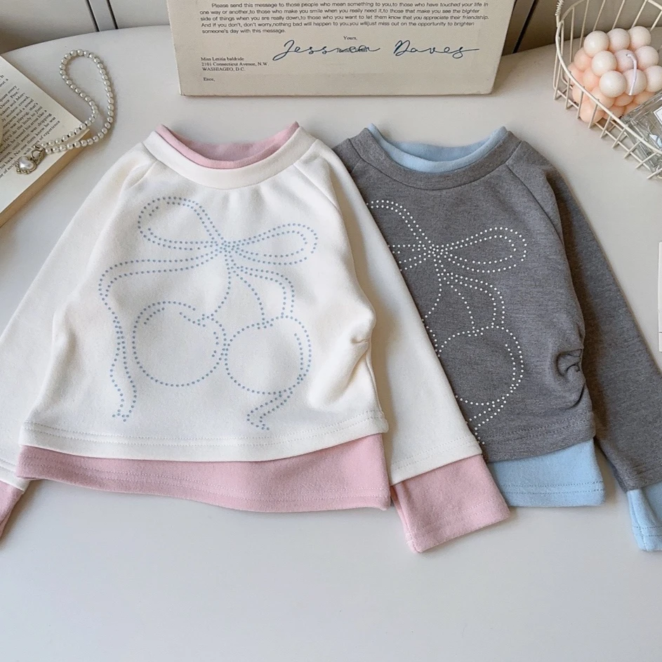 Girl T Shirt 2025 Spring and Autumn New Childrens Clothing Girl Baby Sweet Spell Color False Two Pullover Casual Simple Daily