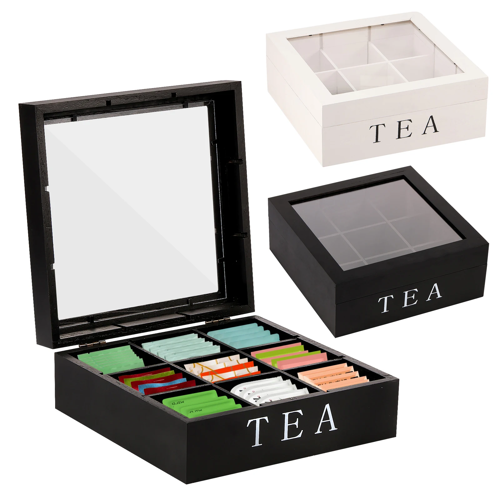 Wood Tea Bag Storage Box with Clear Lid 9 Compartments Square Container Desktop Jewelry Organizer Tea Box Case