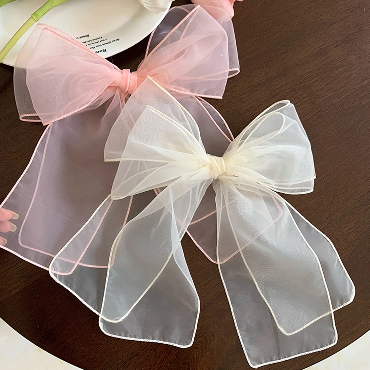 2pcs Double Mesh White Oversize Bow Hairpin Yarn Bowknot Ribbon Hair Clip New Lady Girls Spring Clip Hair Accessory Women