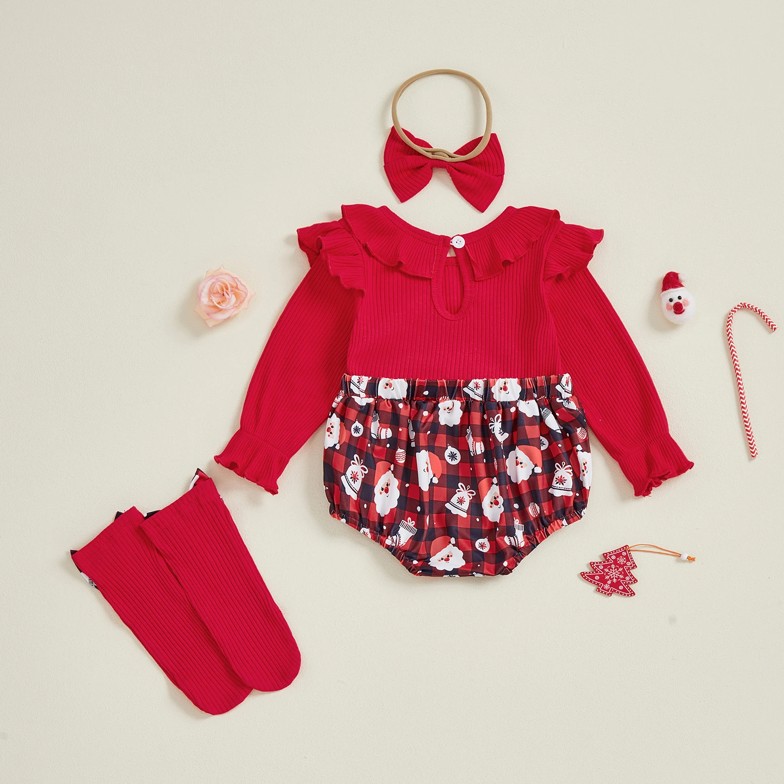 

Tregren 0-18M Infant Newborn Baby Girl Christmas Outfit Santa Plaid Print Long Sleeve Ruffle Romper Bow Headband Long Socks Sets