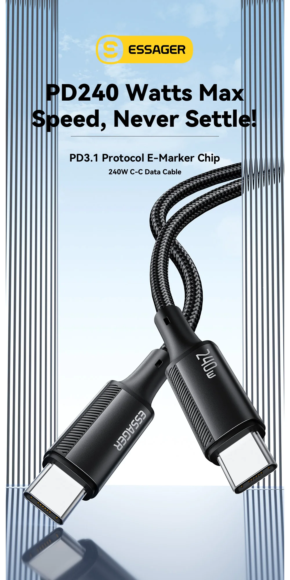 Essager 240W USB Type C To USB C Cable For Macbook iPad Samsung Huawei PD Fast Charging Charger Cord 5A E-Marker Chip Fast USB C