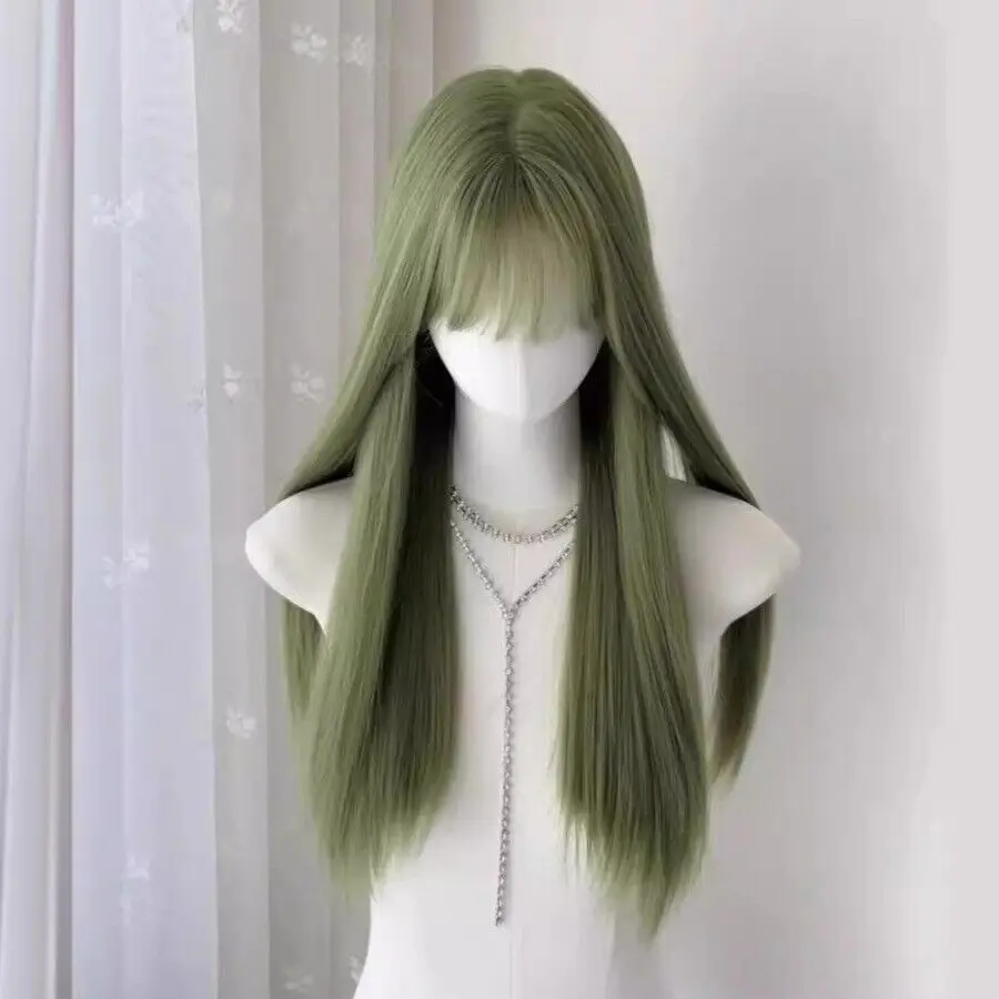 Peruca reta longa para fêmea, peruca verde, cabelo branco, longa