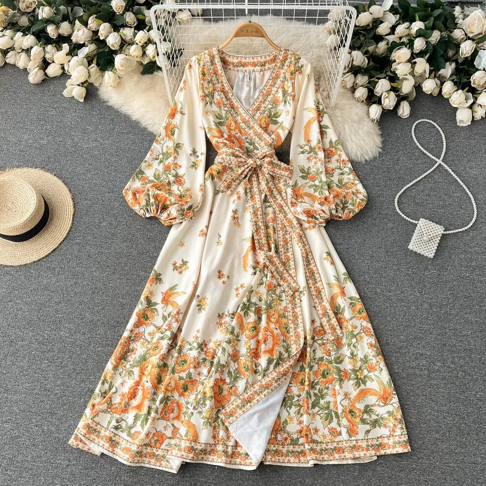 

Spring and Autumn New Vintage V-neck Lantern Sleeve Printed Dress Women's Ethnic Style Bowtie Strap Split Long Skirt