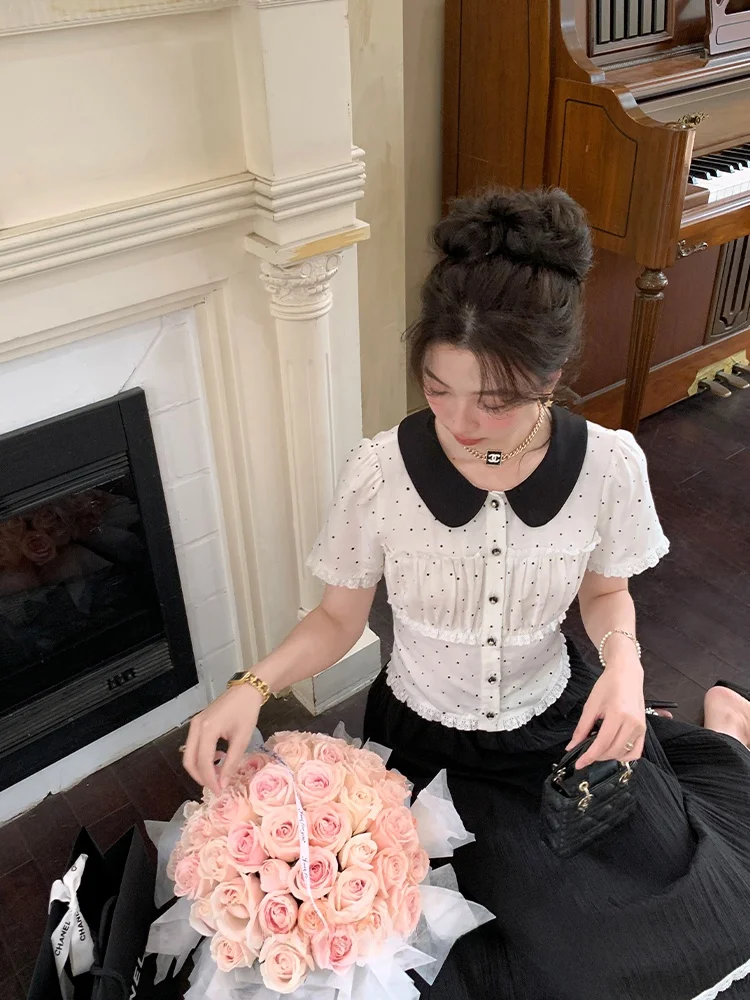 

Slimming Effect White Polka Dot Doll Collar ort Sve irt Women's Summer Fitting irt Commute Sle round Pattern Button