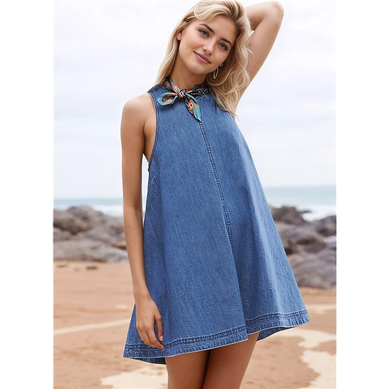 CYL-Women's Sleeveless Denim Babydoll Mini Dress Summer Casual Cutout Back A-Line Flowy Jean Dress With Pockets