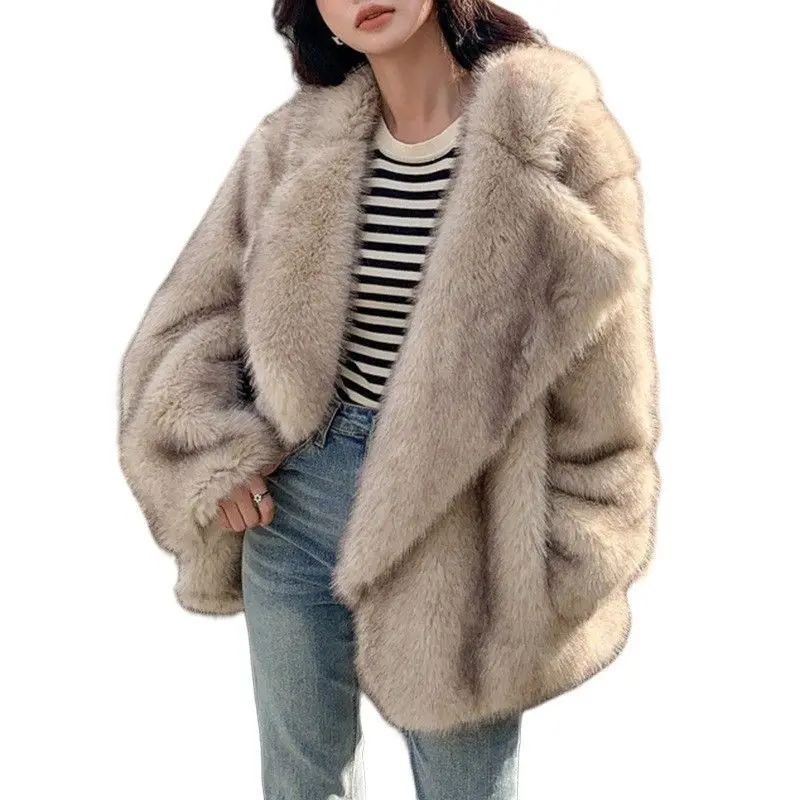 معطف فرو شتوي للنساء متوسط الطول فضفاض بياقة من الفرو الاصطناعي Jaet طويل Sve ملابس خارجية أوروبية Sle Faion