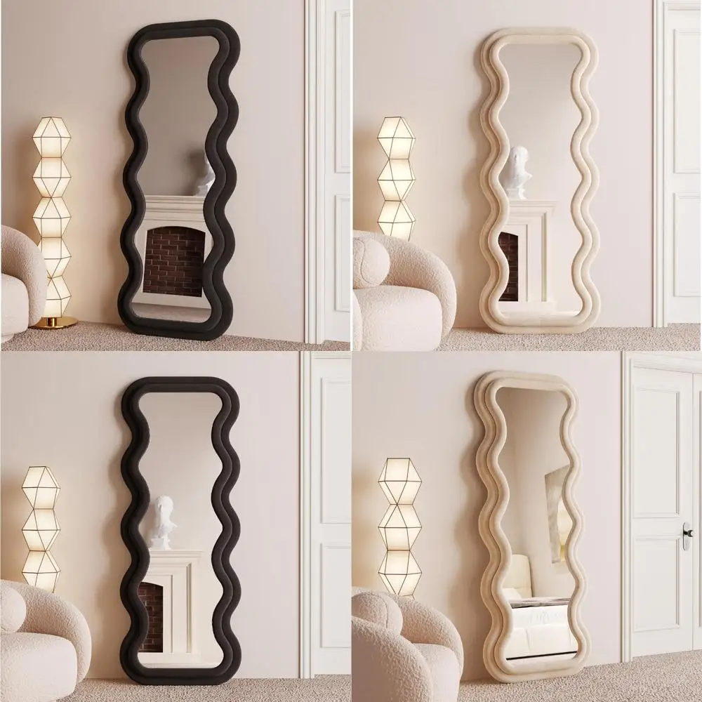 กระจกเงาติดผนังแบบเต็มตัว 63 x 24 นิ้ว - กรอบไม้หุ้มผ้ากำมะหยี่ กระจกเงาแบบตั้งพื้นดีไซน์ลายคลื่นไม่สมมาตร