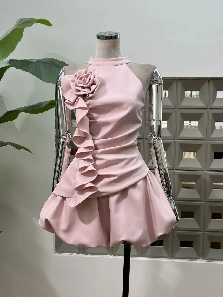 

New Summer Women's Flower Chic Two Piece Set Round Neck Sleeveless Splicing Folding Mini Set Shorts Women Fashion Clothing 2025
