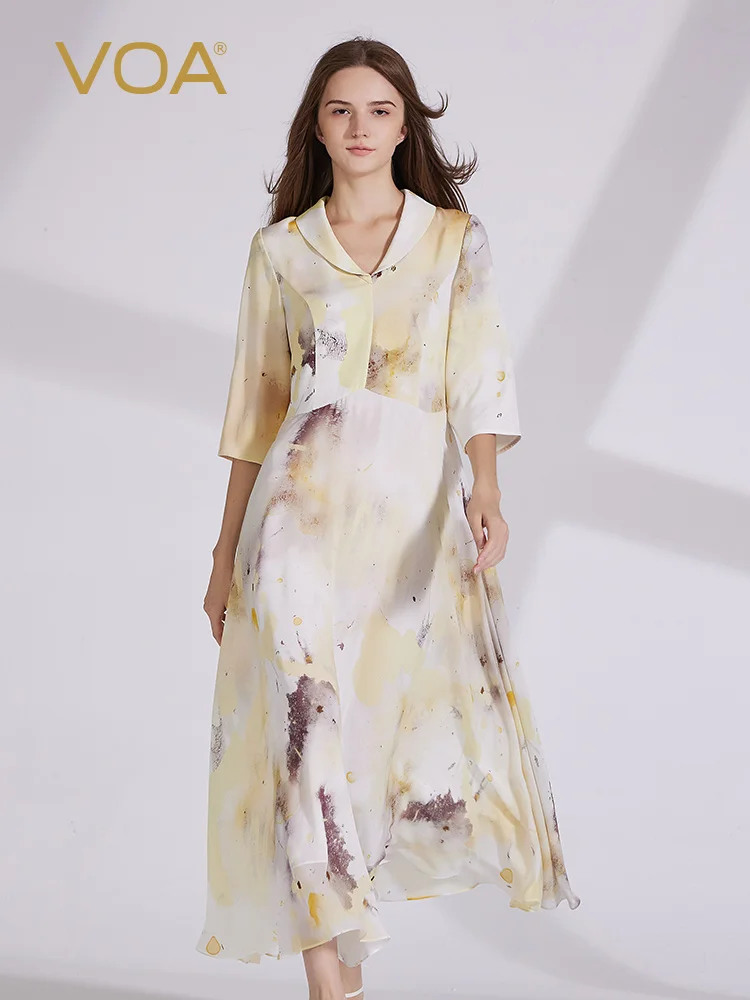 

VOA pure silk 40 momme heavyweight double-layered georgette dress with heart-shaped pattern, spliced design and cinched waist