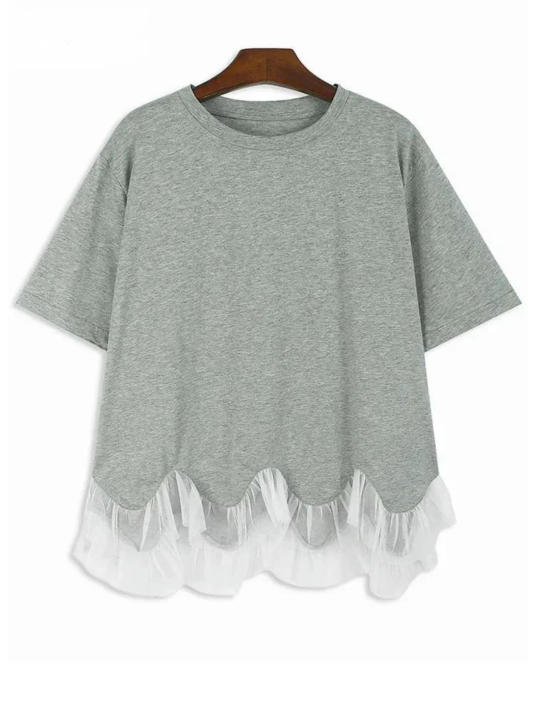 

Women Gray Hem Irregular Lace Big Size Casual T-shirt New Round Neck Short Sleeve Fashion Tide Spring Summer X827