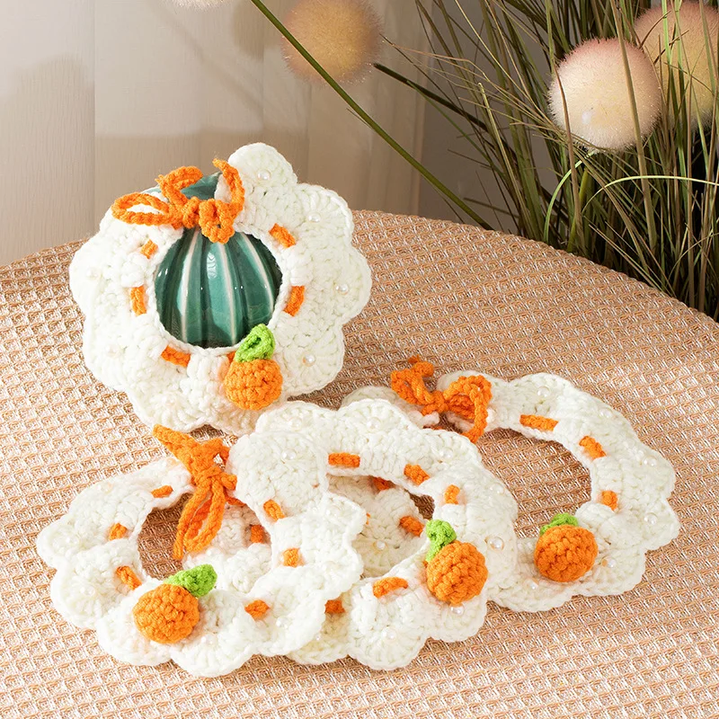 Small Orange Pet Collar Knitted Lace Bib Adjustable Scarf Handmade Cute Wool Neck Warmer Small Pet Clothing Decoration Accessory