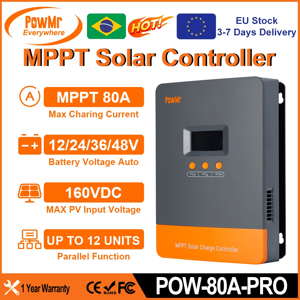 PowMr 80A MPPT Solar Charge Controller 12V 24V 36V 48V Solar Battery Max 160V Panel Intelligent Regulator for Lead-acid/Lithium