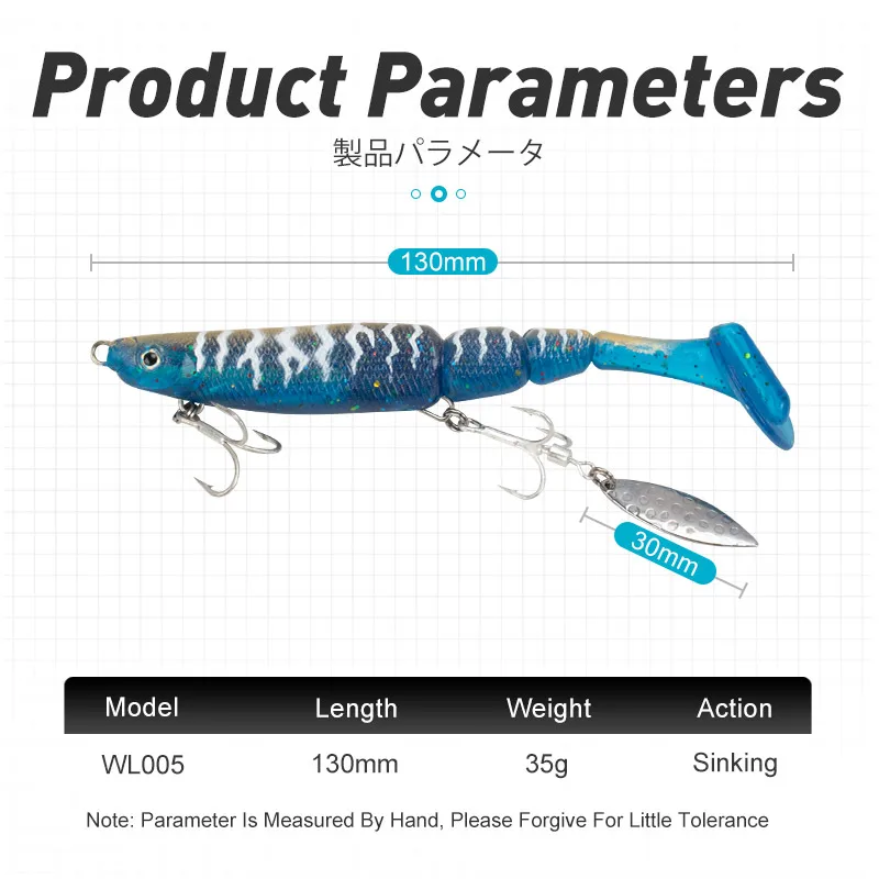 OBSESSION WL005 Multinodal Fishing Lure 35g 130mm Swimbait Freshwater T-Tail Treble Hook Barracuda Silicone Plastic Tackle