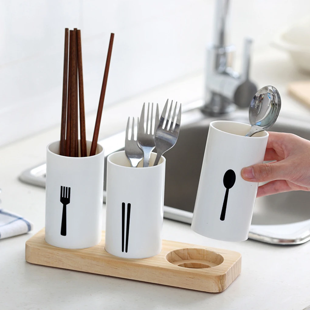 Oak Base Plastic Utensil Storage Box Kitchen Spoons Forks Chopsticks Dinnerware Tube Draining Stand Shelf