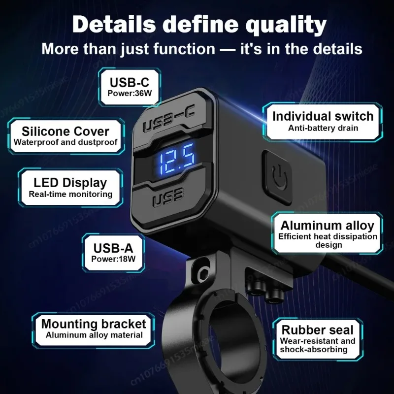 Aluminum 12V PD QC3.0 Motorcycle USB Fast Charger 54W Handlebar USB Socket with Switch Voltmeter Waterproof Power Supply Adapter view 2