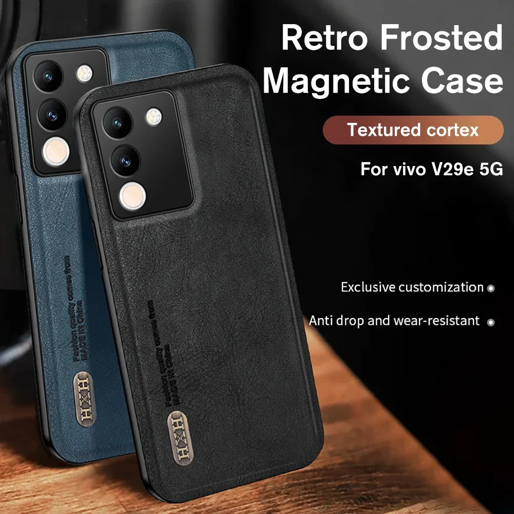 

Retro Matte Leather Texture Case For Vivo V29e Car Magnetic Camera Shockproof Cover Coque VivoV29e V 29e V29 E 5G Global Version