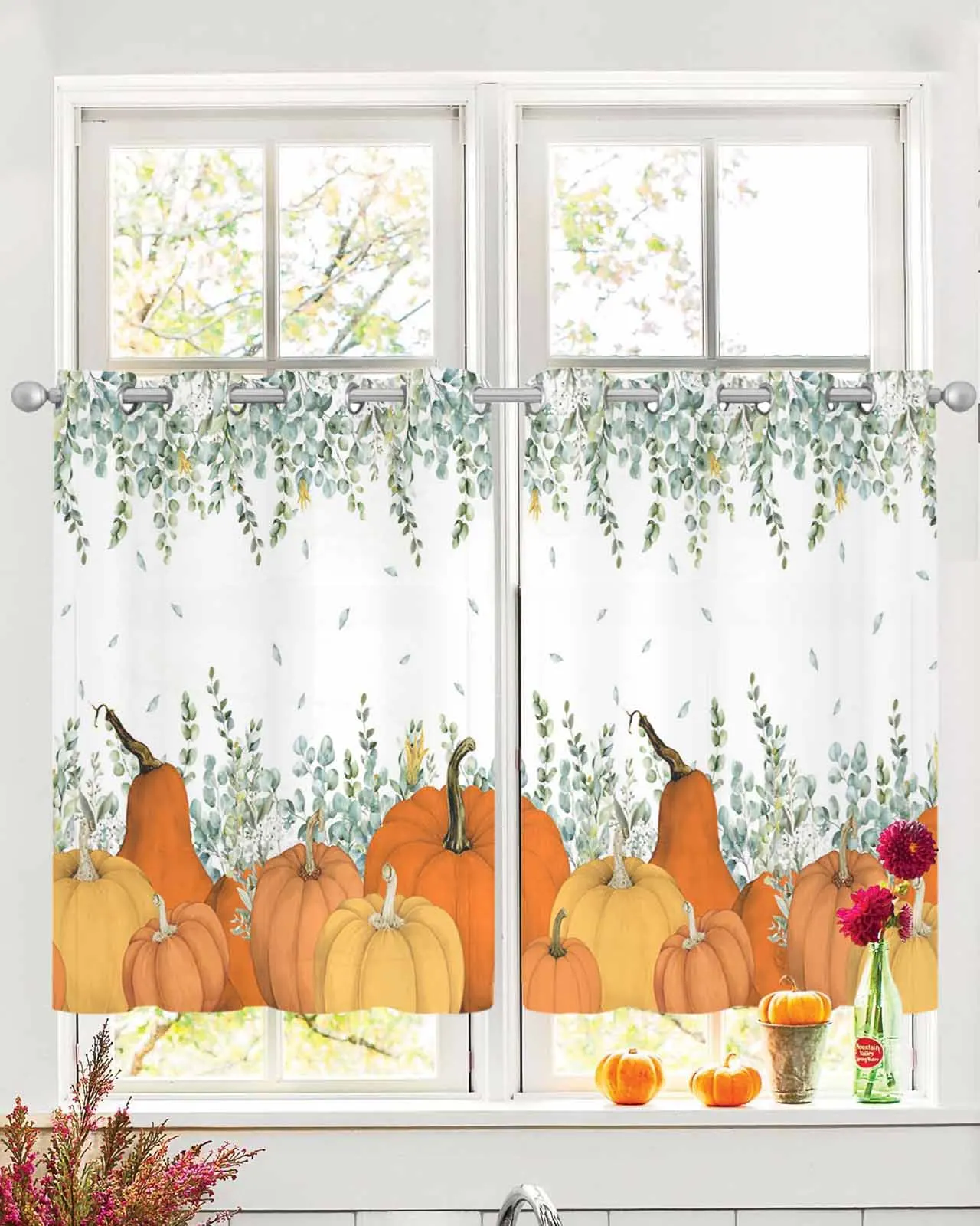 

2 Panels Set Tulle Window Curtains Vintage Orange Eucalyptus Leaf Pumpkin Rod Pocket Top Curtains for Bedroom and Living Room