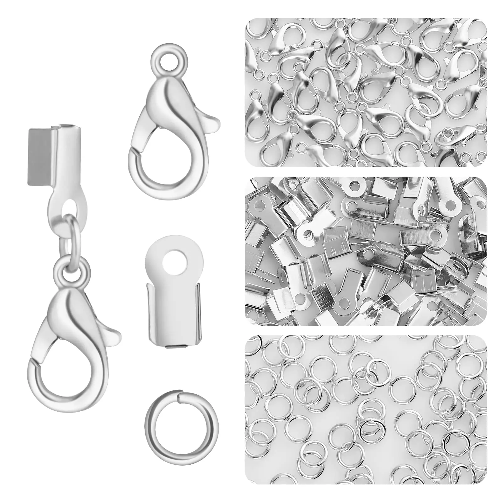 

450pcs Include 200 Fold Over Cord End Caps Crimp End Tips 200 Jump Ring Connectors and 50 Lobster Claw Clasps for Jewelry Making