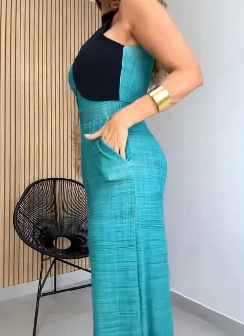 

Jumpsuit Women 2026 New Colorblock Mock Neck Sleeveless Cinched Waist Zipper Back Overalls Casual High Waist Wide Leg Jumpsuit