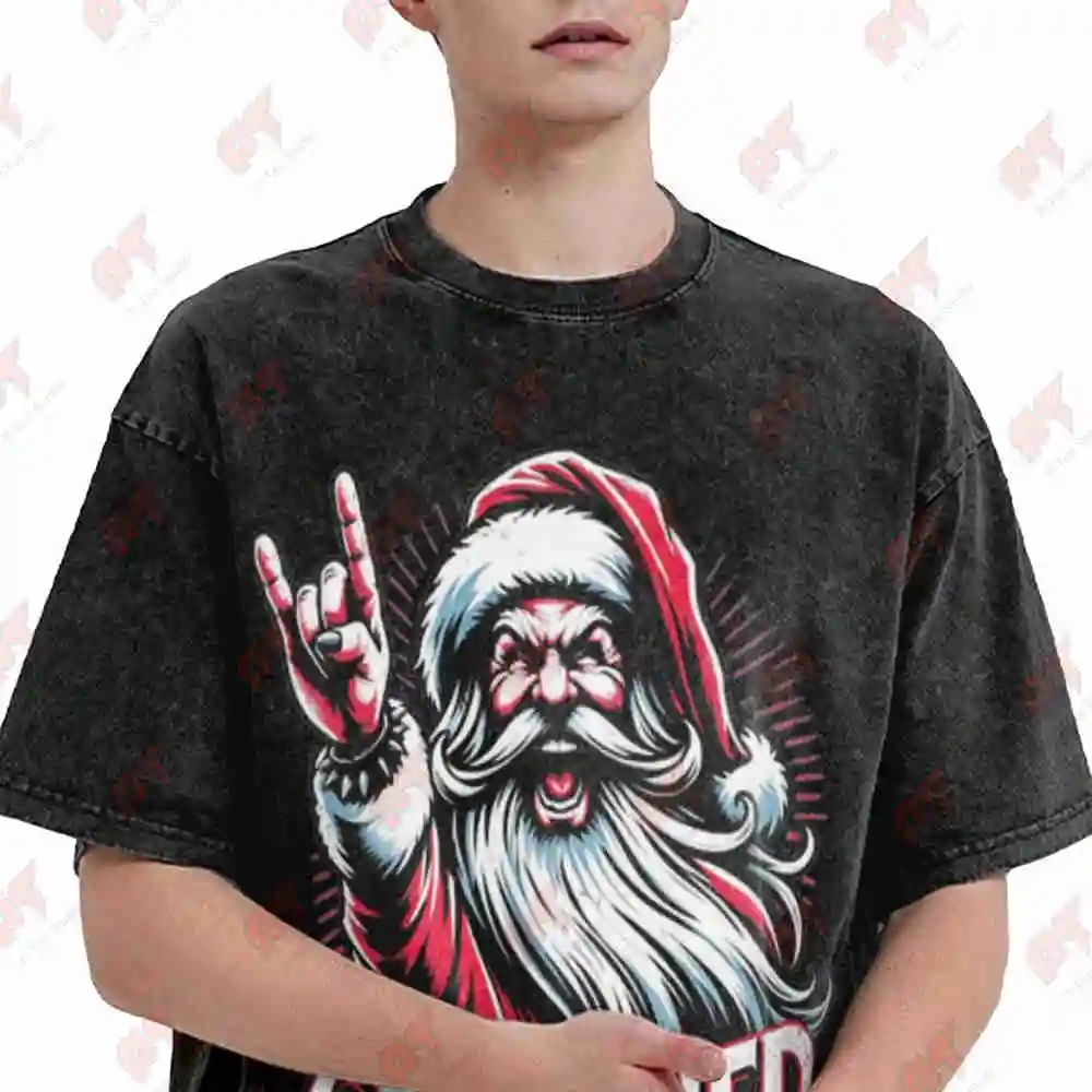 Sleigher Santa Claus Heavy Metal Christmas Vintage Washed Tee Pure Cotton T-Shirt