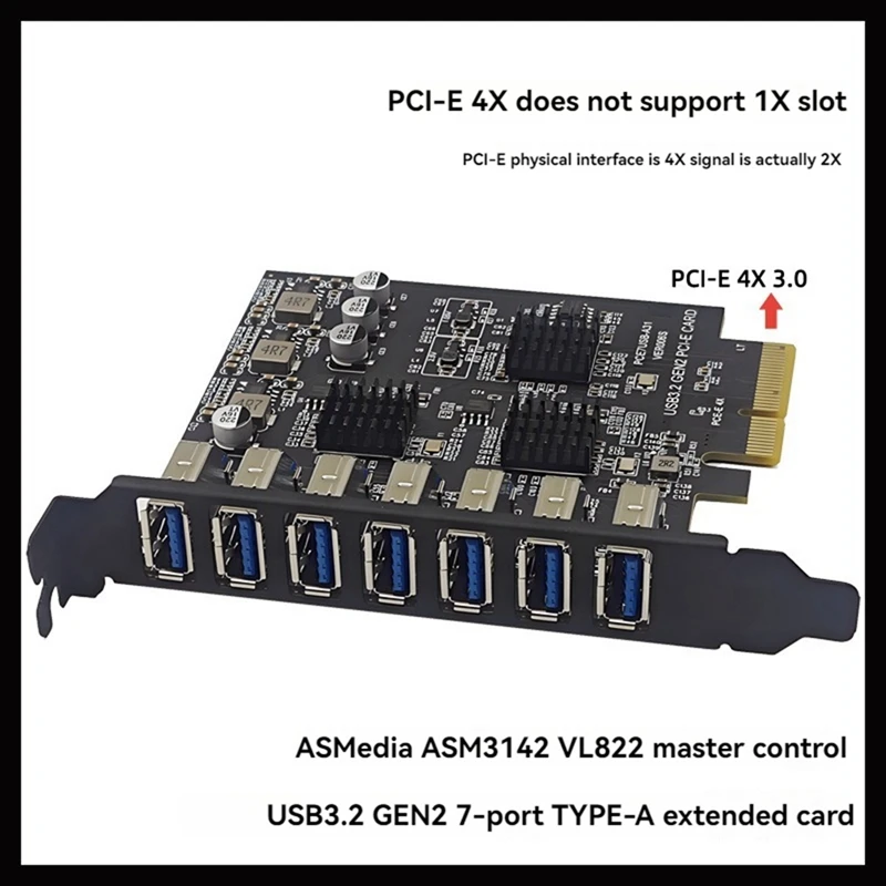 USB3.2 GEN2 10Gbps Pcie Expansion Card TYPE-A PCI-E 4X To 7 Ports USB 3.0 Expansion Adapter Card PCI-E Controller Card