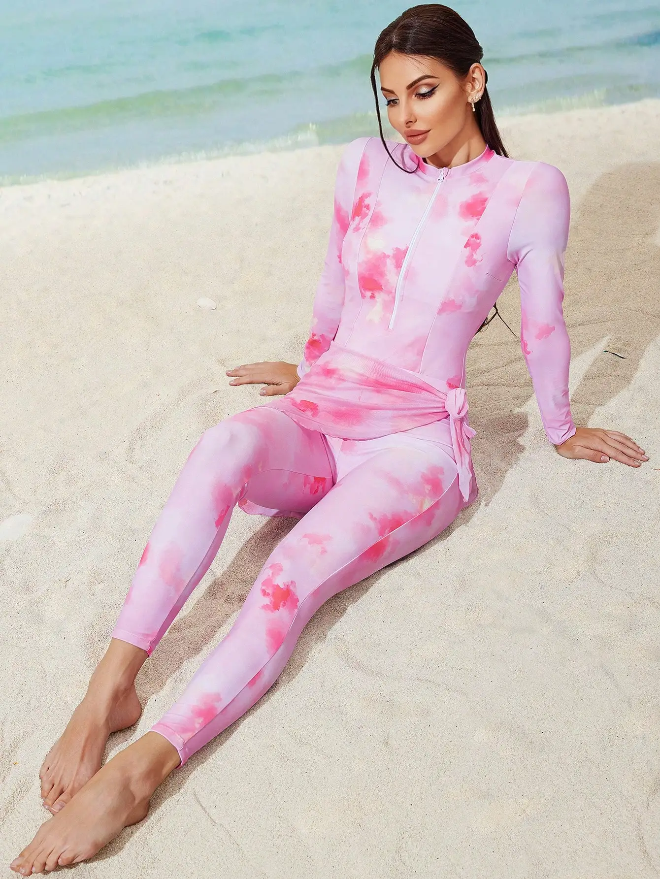 

Pink Tie-Dye 3-Piece Beach Set: Long-Sleeve Top, Leggings & Wrap Skirt For Summer Vacation