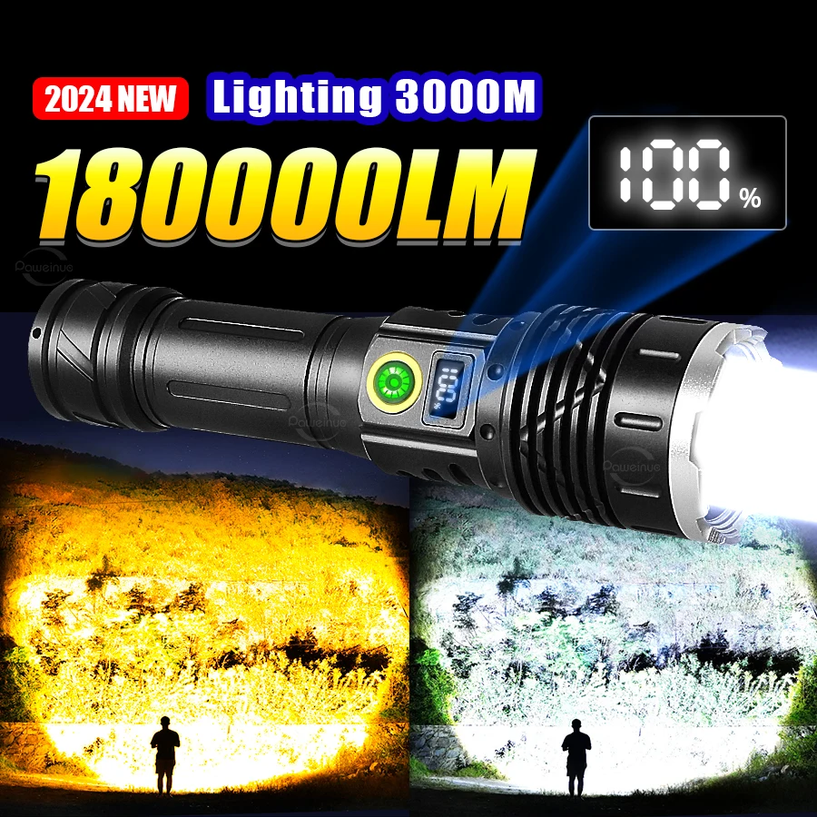 

High Power Flashlight 180000LM White/Yellow Light Long Range 3000m Emergency Waterproof Aluminum Alloy Ultra Powerful Flashlight