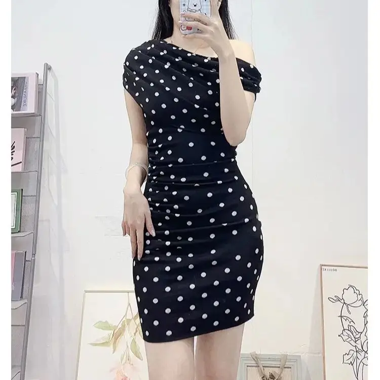 

Women Black polka dot knit dress asymmetrical sloping shoulder fashion mini dress