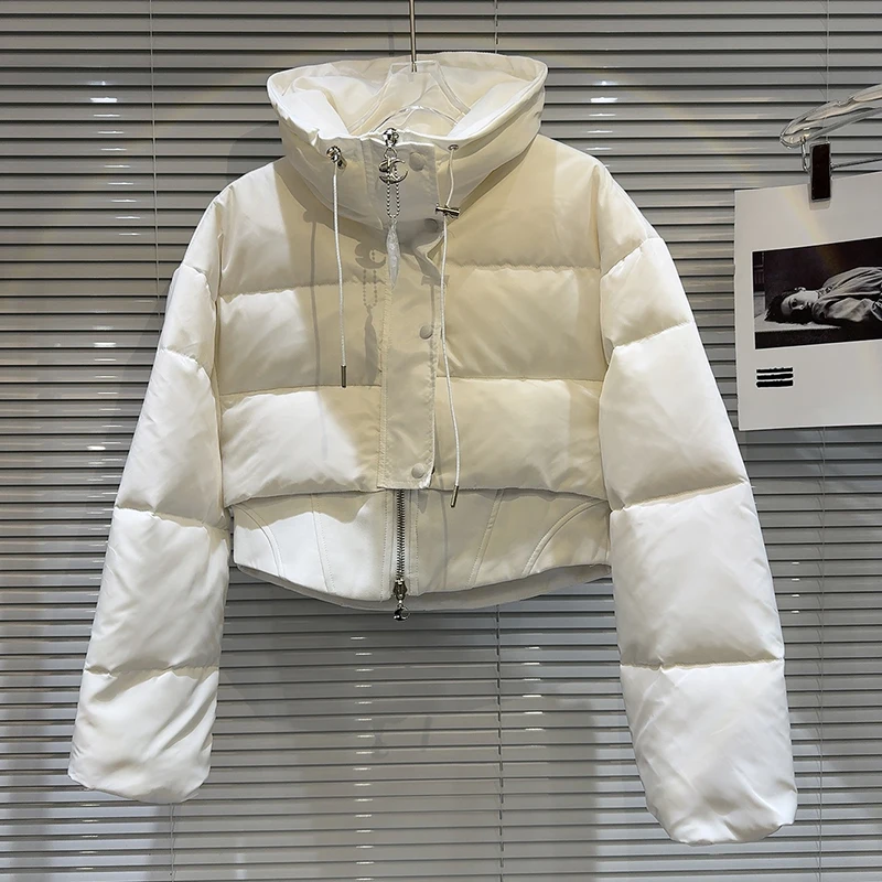 Vrouwen dubbele rits ontwerp gevoel trekkoord hoge hals korte witte eend donsjack 2025, winter nieuwe dikke casual warme jas