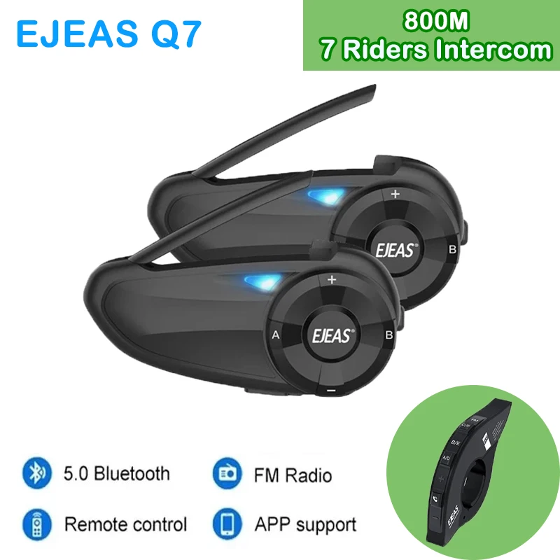 EJEAS Q7 Motorrad Helm Intercom Headset Bis zu 7 Fahrer Wasserdichte Drahtlose Sprech Bluetooth 5,1 Quick7 Lenker Remote