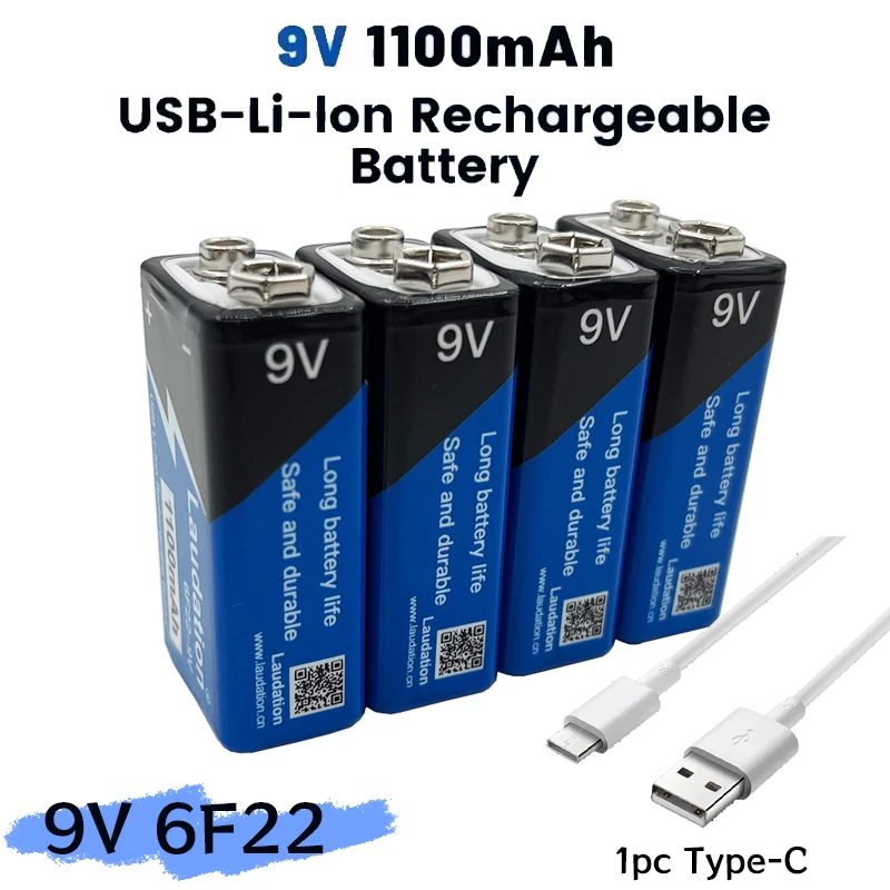 Batería recargable USB 9V 6F22 1100mAh, batería de iones de litio tipo C para Detector de metales, Control remoto, helicóptero, micrófono, modelo de juguete