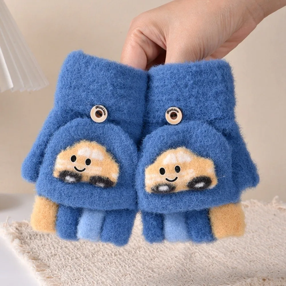 New Children Cartoon Gloves Warm Windproof Half Finger Flip Gloves Touch Screen Thickened Toddler Warm Gloves Baby