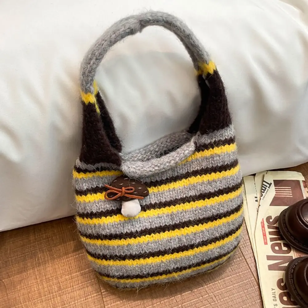 

Модная сумка в японском стиле с маленьким грибом, креативная вязаная сумка на запястье с цветными блоками, шерстяная сумка-ведро в полоску в стиле ретро, сумка для покупок