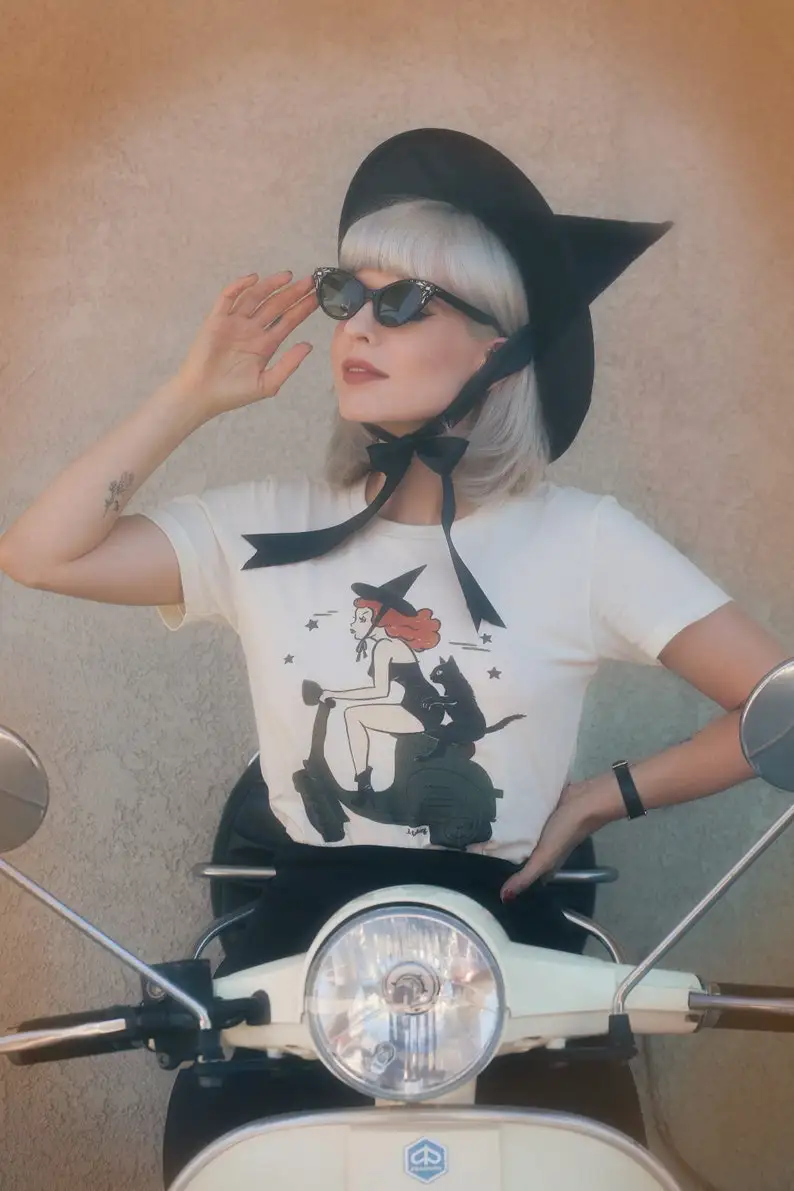 

Witchy A-Go-Go Fitted Graphic T-shirt in Ivory size S,M,L,XL,2XL,3XL vintage Halloween inspired by Mischief Made witch black cat