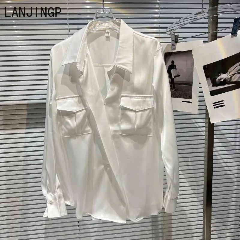 

High-end designer style, super good-looking double pocket, diagonal edge, small woman, mercerized cotton shirt, female summer