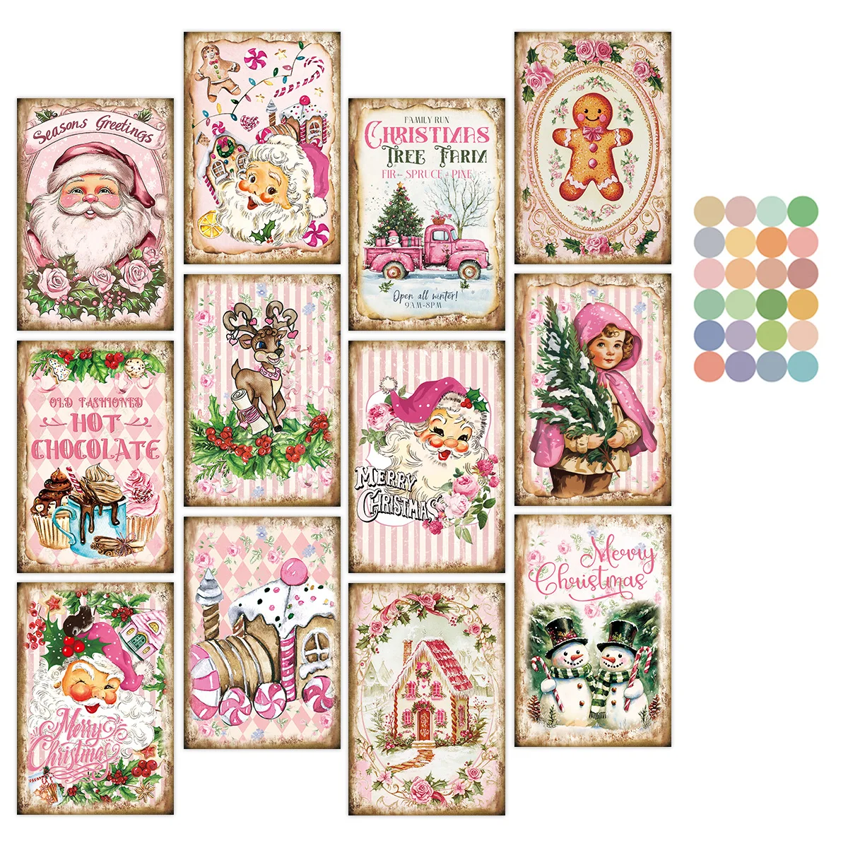 12 Stück Shabby Chic Rosa Weihnachtsmann-Weihnachtskarten, Vintage-Postkarten-Set, Wandkunst-Bild-Weihnachtsdekorationen, Weihnachtsgeschenk für Freunde