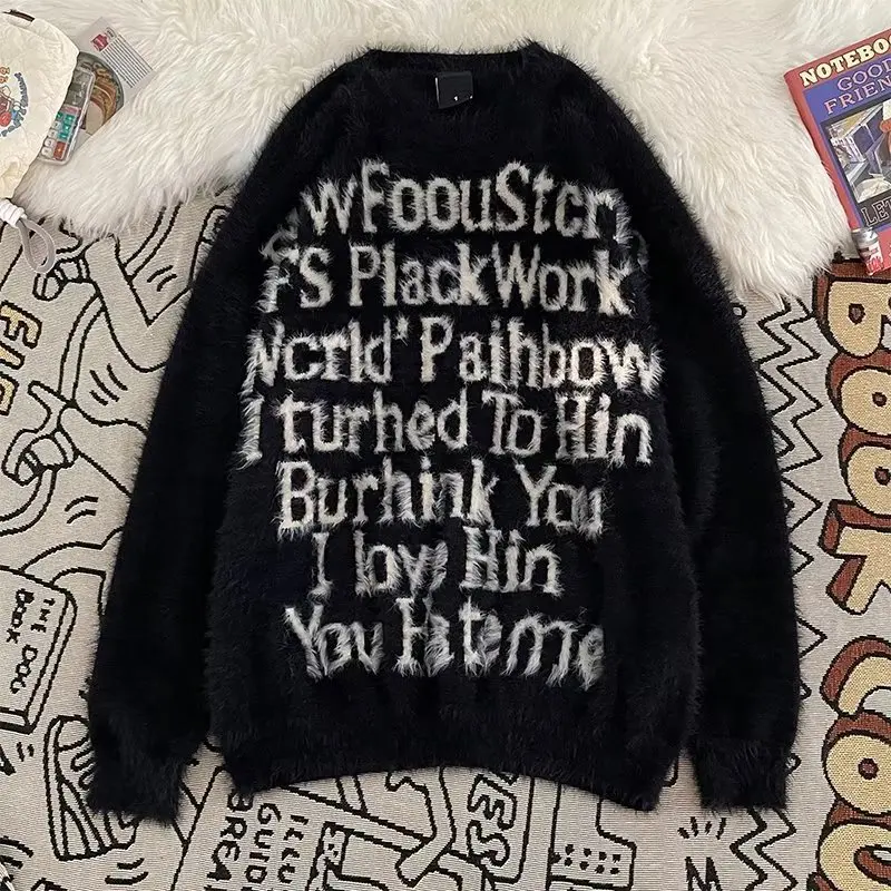 

Свободный крой, мужской трикотаж, свитер из искусственного меха с буквенным узором, осень-зима, большие размеры 300, Pou Lazy Sle, вязаный в японском стиле...