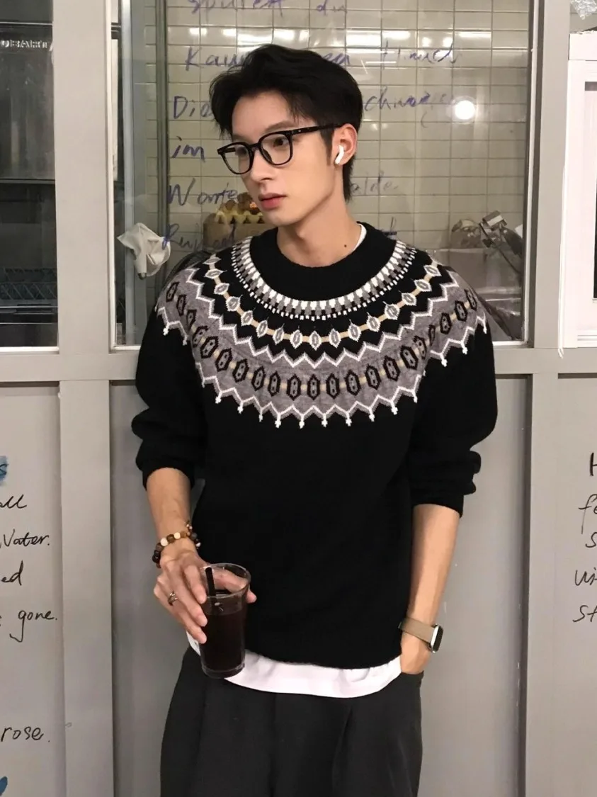 

Ретро американский трикотаж Fair Isle, круглый свитер Ne для мужчин и женщин, осенний ленивый элитный мягкий уютный внутренний костюм Base irt