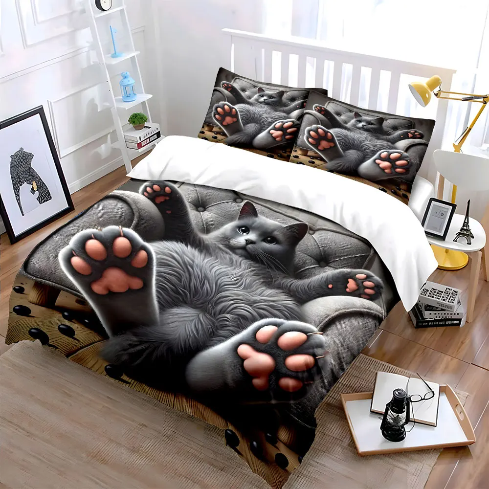 Gray cat relaxing on chair Printed Duvet Cover Set1 Duvet Cover+2 PillowcaseMulti Size Bedroom Bedding Decor Luxury gifts