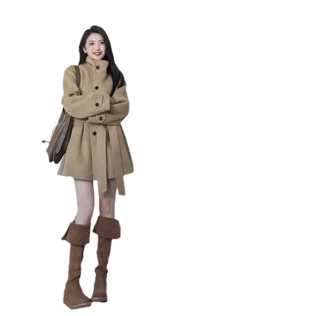 2024 New Sweet Style Khaki Wool Blend Coat for Women's Autumn and Winter Season, Long Coat for Petite Women