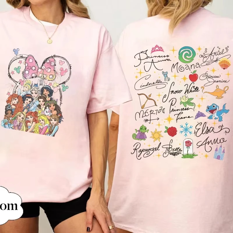 2026 New Disney Princess T-shirt Watercolor Magical Castle Princess Cotton T-shirt Princess Signature Sketch Parent-child Outfit
