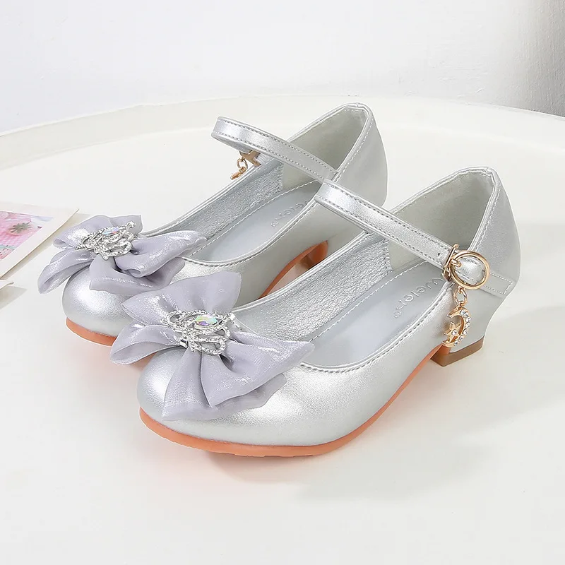 Elegant Children Girl Dance Dress Shoes Fashion Crown Bowknot Kids Leather Shoe Spring Wedding Princess High-heels Single Shoes