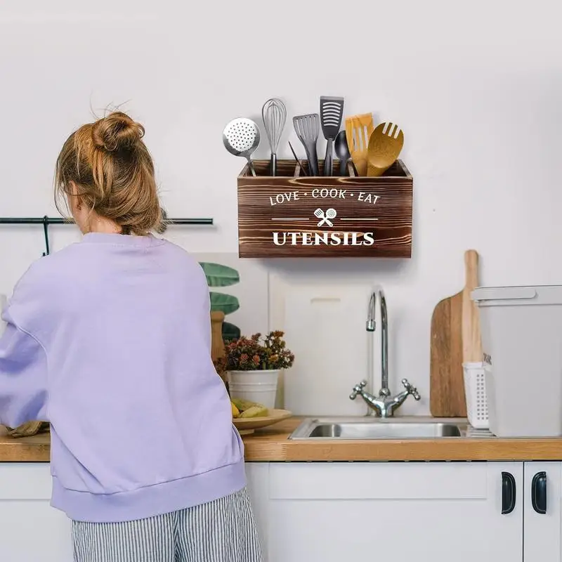 kitchen Utensil Storage Box Wall Mounted Divided Utensil Holder Cookware Storage Holder Rustic Utensils Organizer For Skimmers