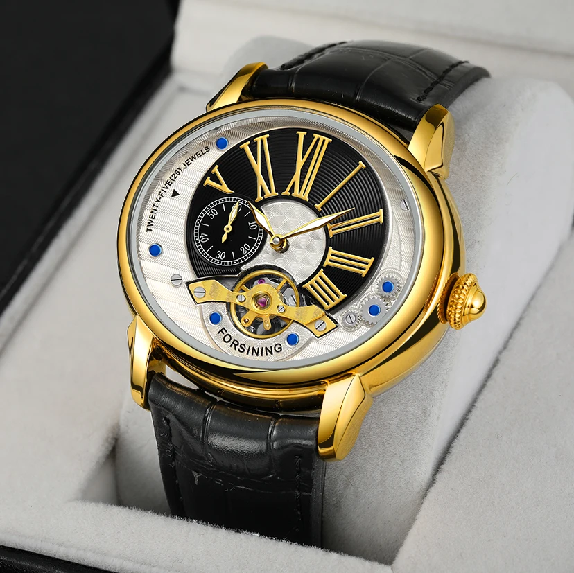 

Forsining Top Brand Luxury Oval Tourbillion Fashion Wave Black Golden Clock Roman Scale Men Automatic Mechanical Watches Leather